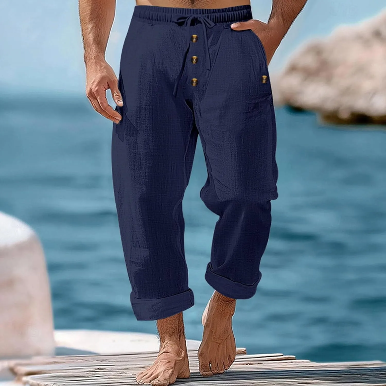 Men's Cotton Linen Pants Casual Buttoned Baggy Elastic Waist Drawstring Beach Pant Summer Stylish Boho Yoga Trousers