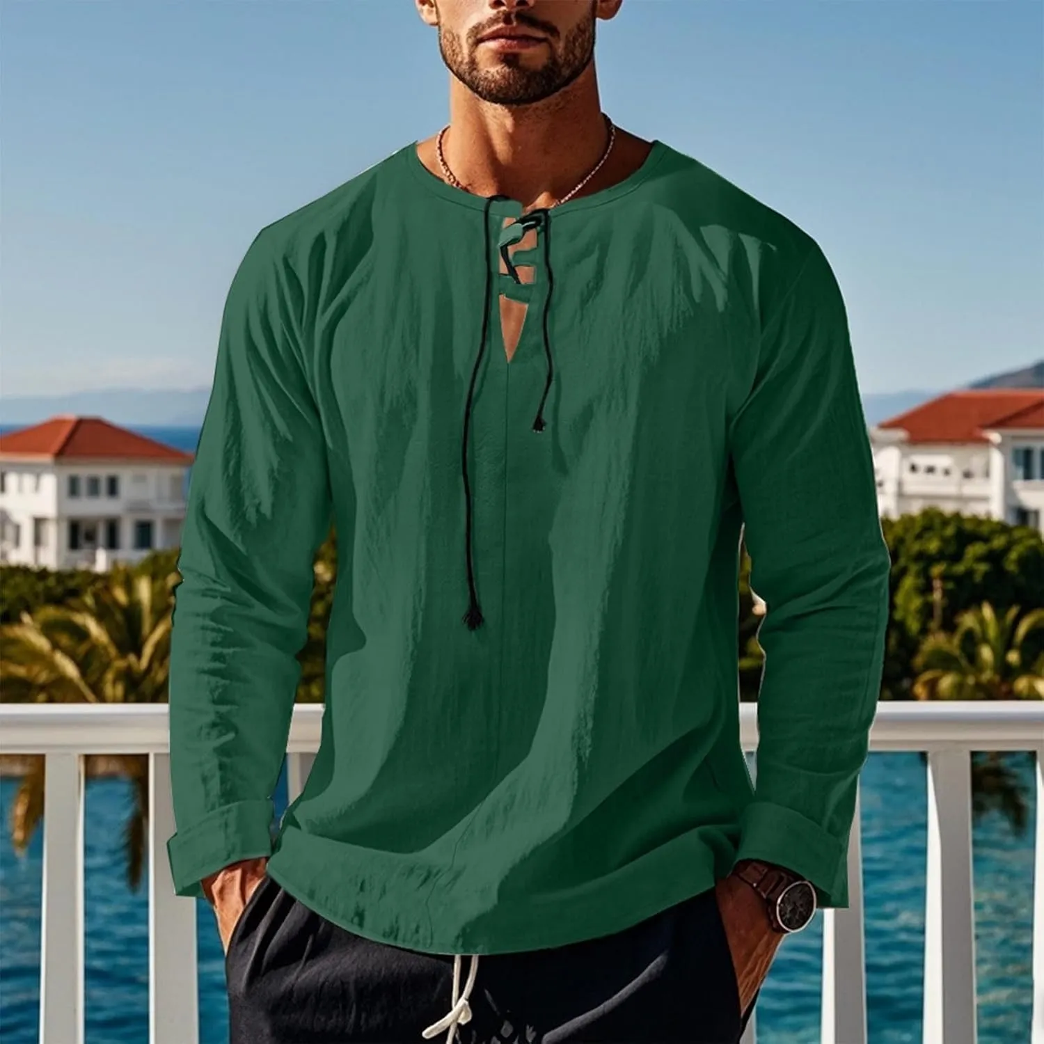 Men's Cotton Linen Shirt Long Sleeve Hippie Casual Beach T-Shirts Summer Lightweight Lace Up V Neck Pullover Tee Top