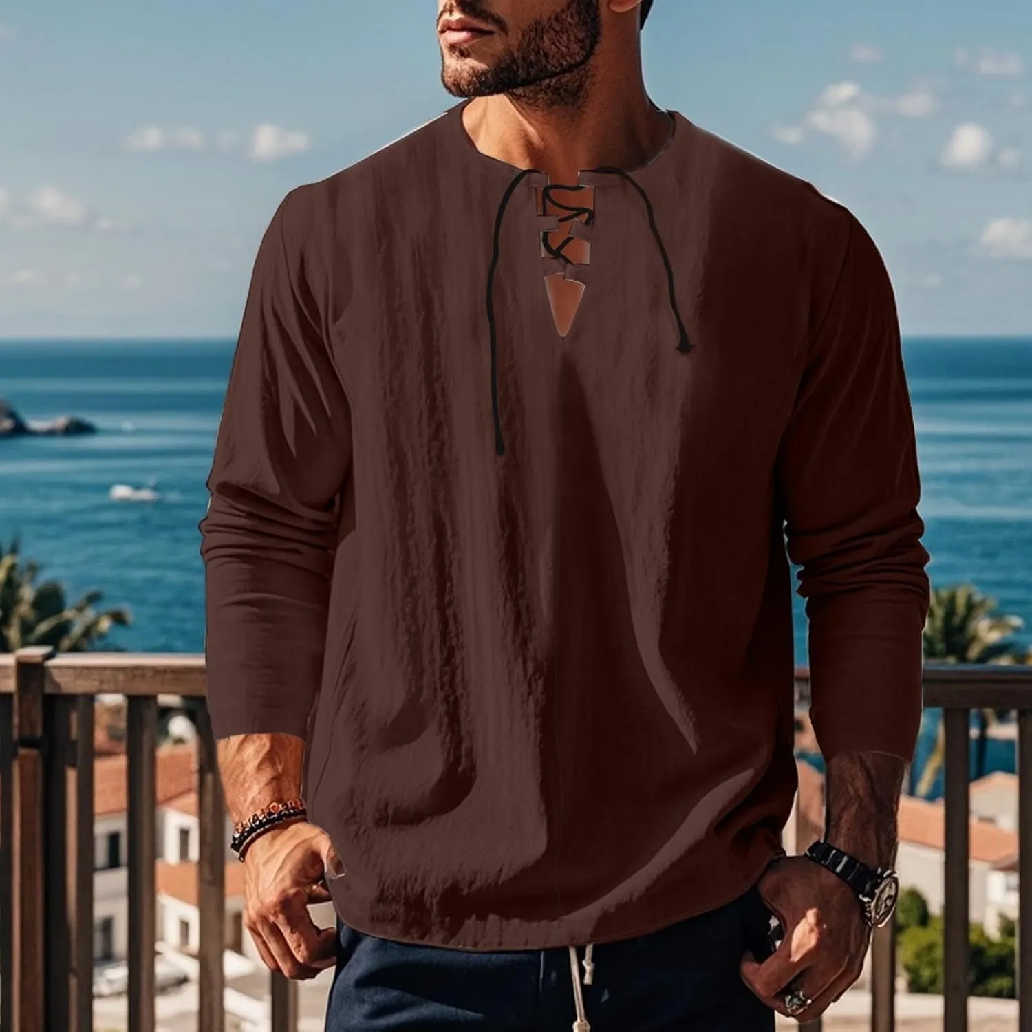 Men's Cotton Linen Shirt Long Sleeve Hippie Casual Beach T-Shirts Summer Lightweight Lace Up V Neck Pullover Tee Top