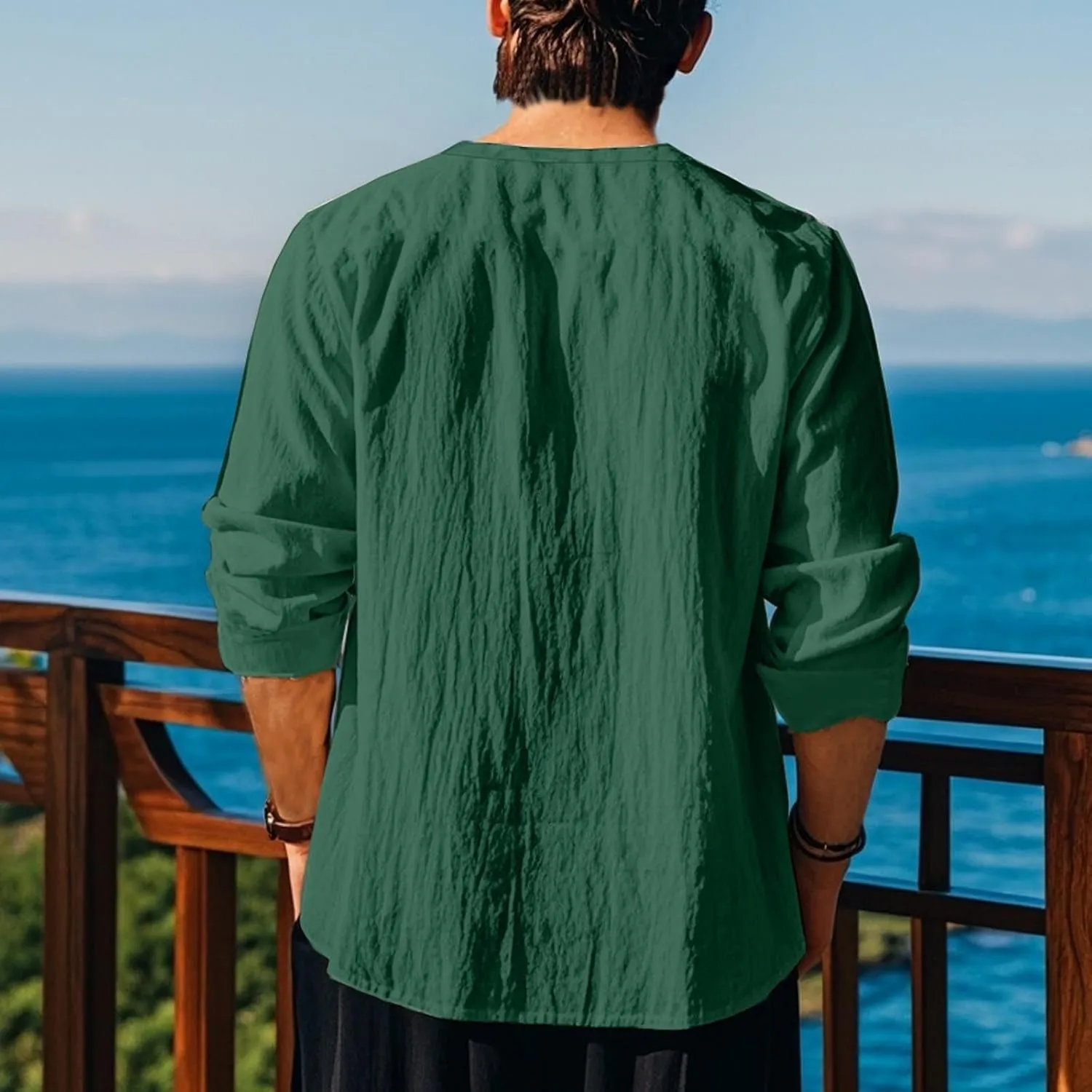 Men's Cotton Linen Shirt Long Sleeve Hippie Casual Beach T-Shirts Summer Lightweight Lace Up V Neck Pullover Tee Top