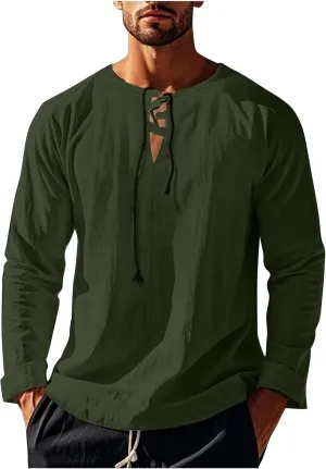 Men's Cotton Linen Shirt Long Sleeve Hippie Casual Beach T-Shirts Summer Lightweight Lace Up V Neck Pullover Tee Top