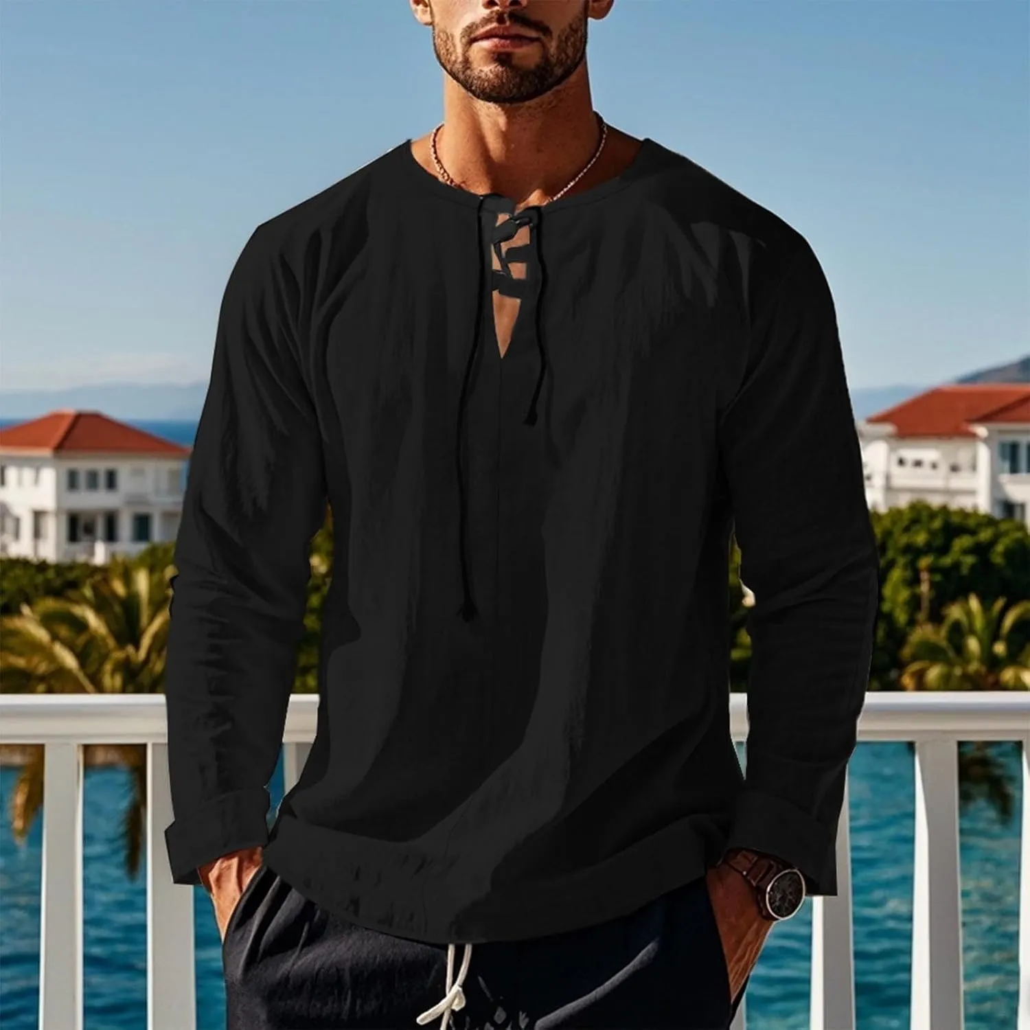Men's Cotton Linen Shirt Long Sleeve Hippie Casual Beach T-Shirts Summer Lightweight Lace Up V Neck Pullover Tee Top