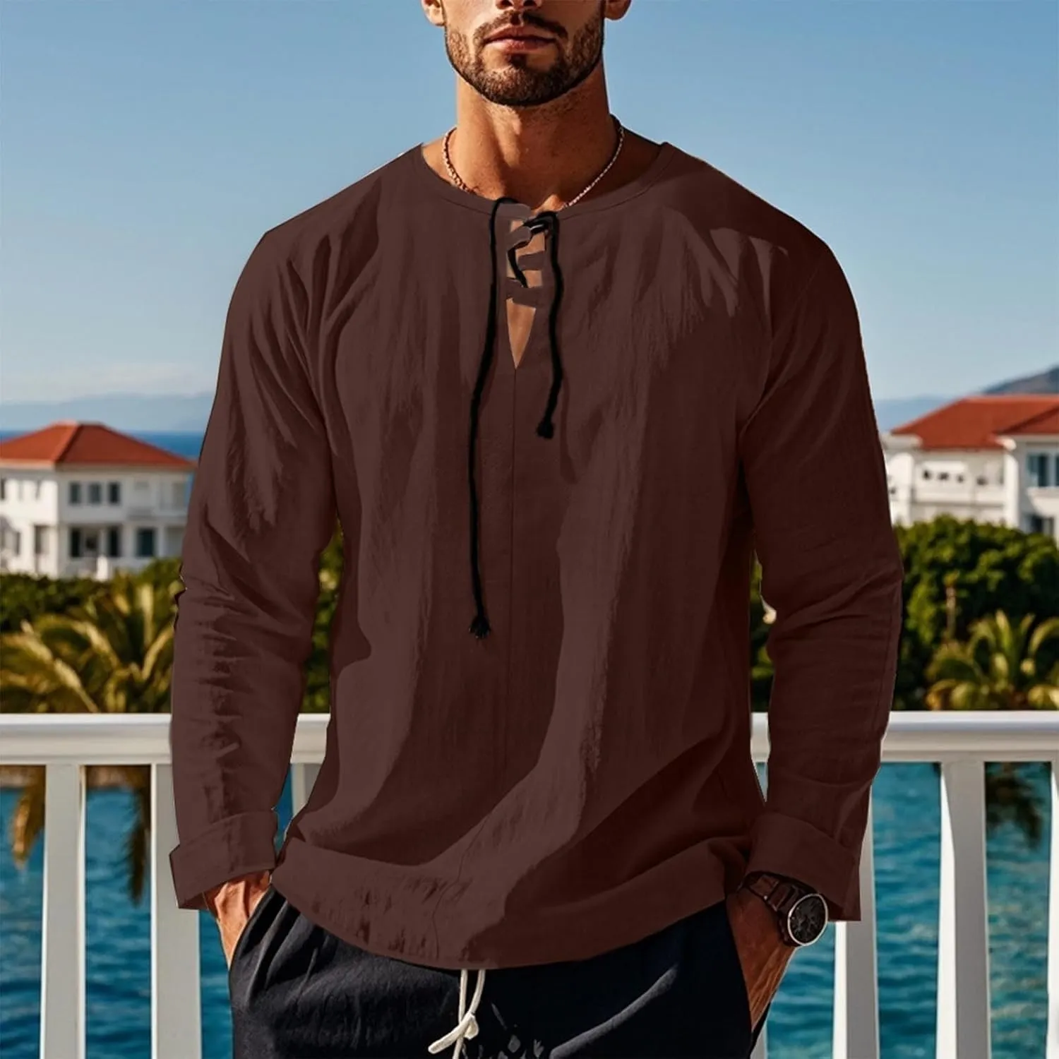 Men's Cotton Linen Shirt Long Sleeve Hippie Casual Beach T-Shirts Summer Lightweight Lace Up V Neck Pullover Tee Top