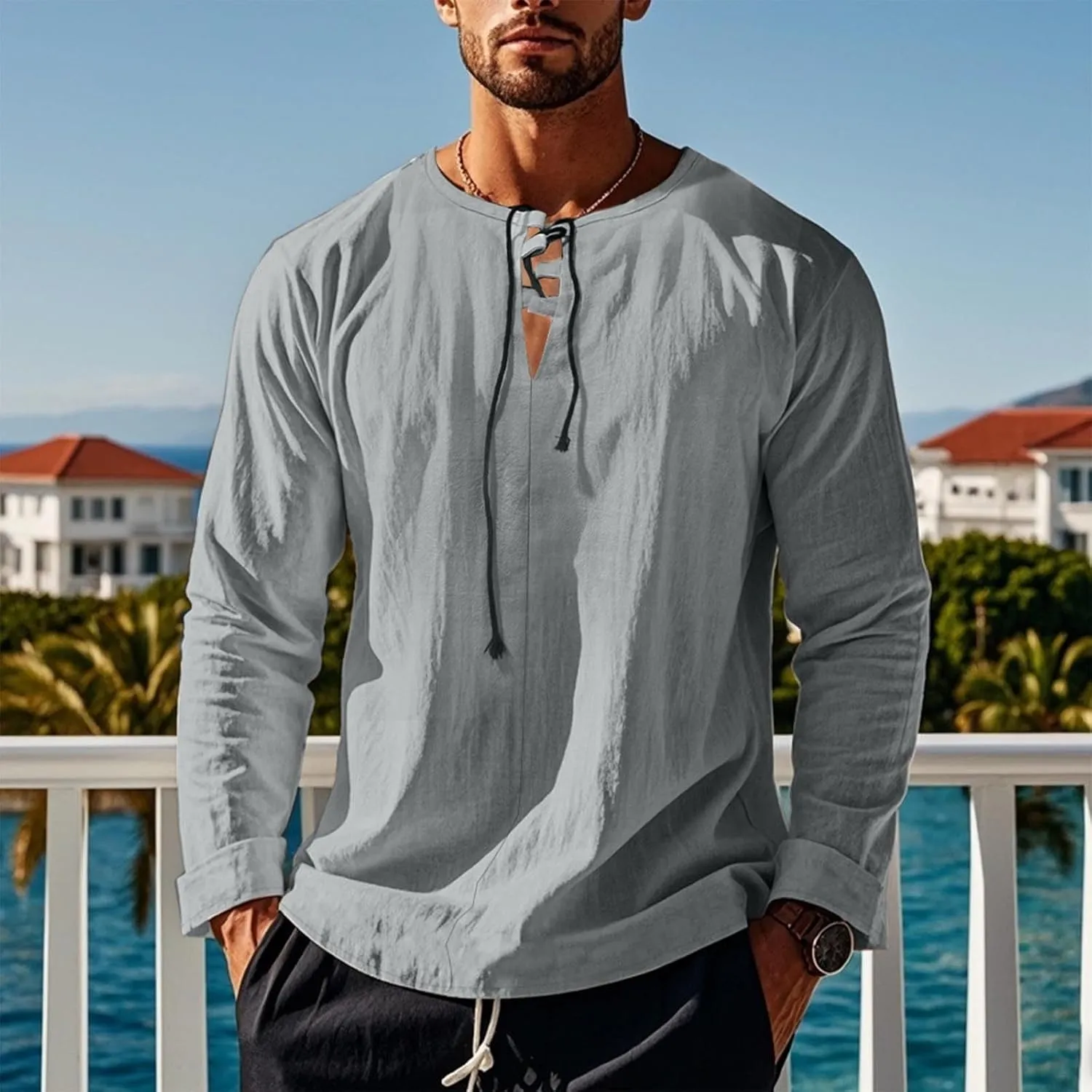 Men's Cotton Linen Shirt Long Sleeve Hippie Casual Beach T-Shirts Summer Lightweight Lace Up V Neck Pullover Tee Top