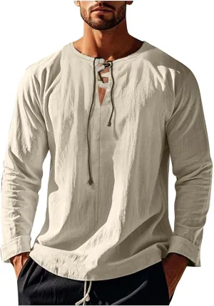 Men's Cotton Linen Shirt Long Sleeve Hippie Casual Beach T-Shirts Summer Lightweight Lace Up V Neck Pullover Tee Top