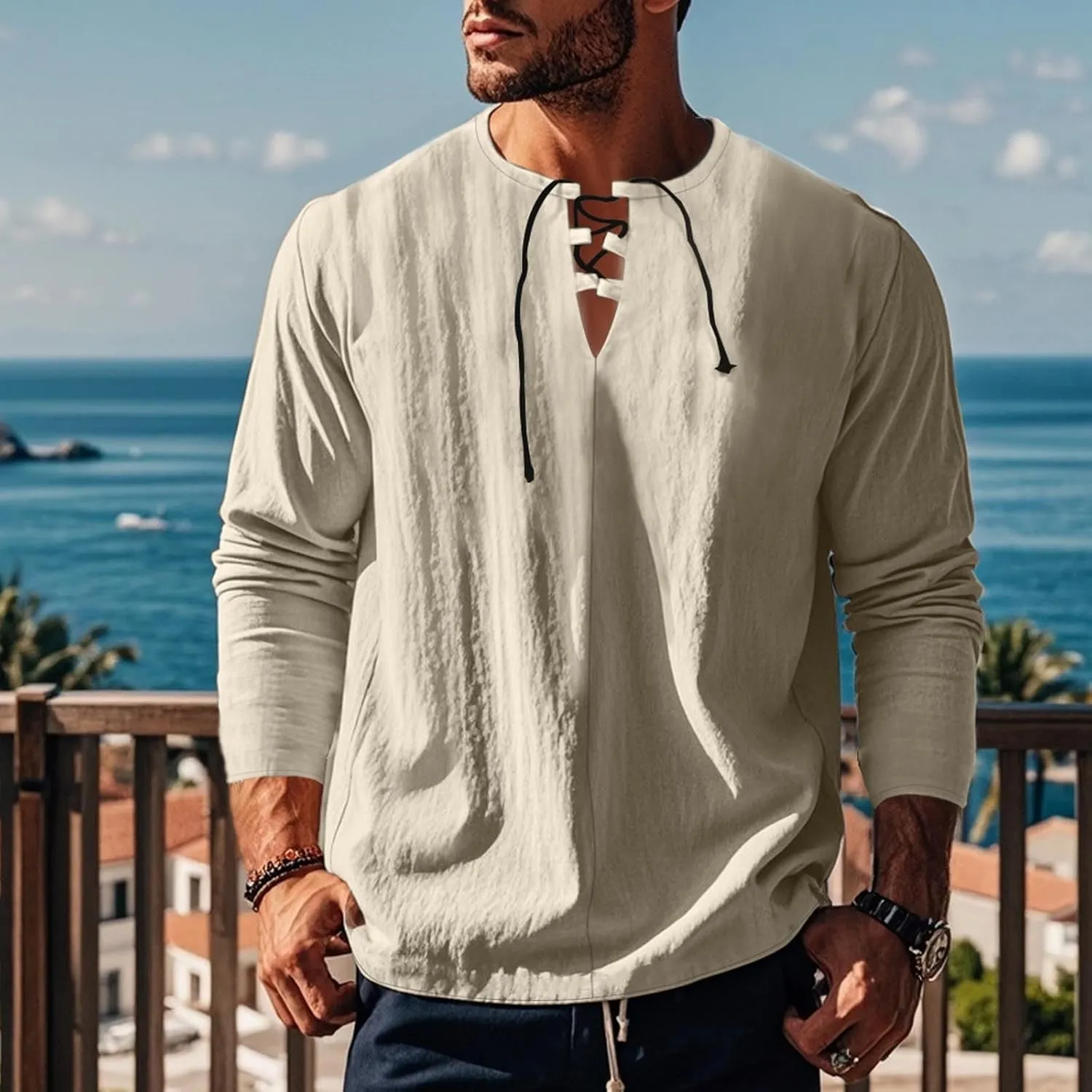 Men's Cotton Linen Shirt Long Sleeve Hippie Casual Beach T-Shirts Summer Lightweight Lace Up V Neck Pullover Tee Top