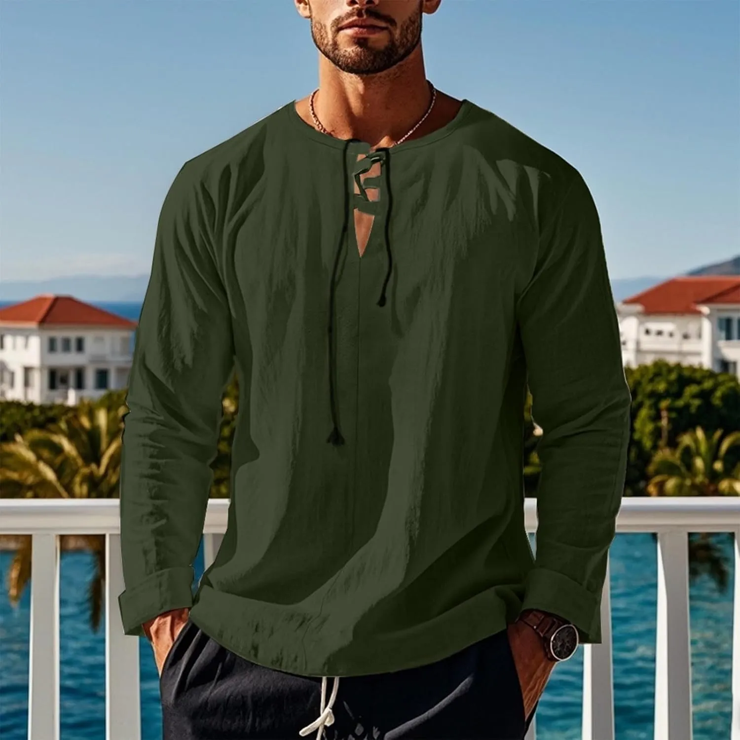Men's Cotton Linen Shirt Long Sleeve Hippie Casual Beach T-Shirts Summer Lightweight Lace Up V Neck Pullover Tee Top