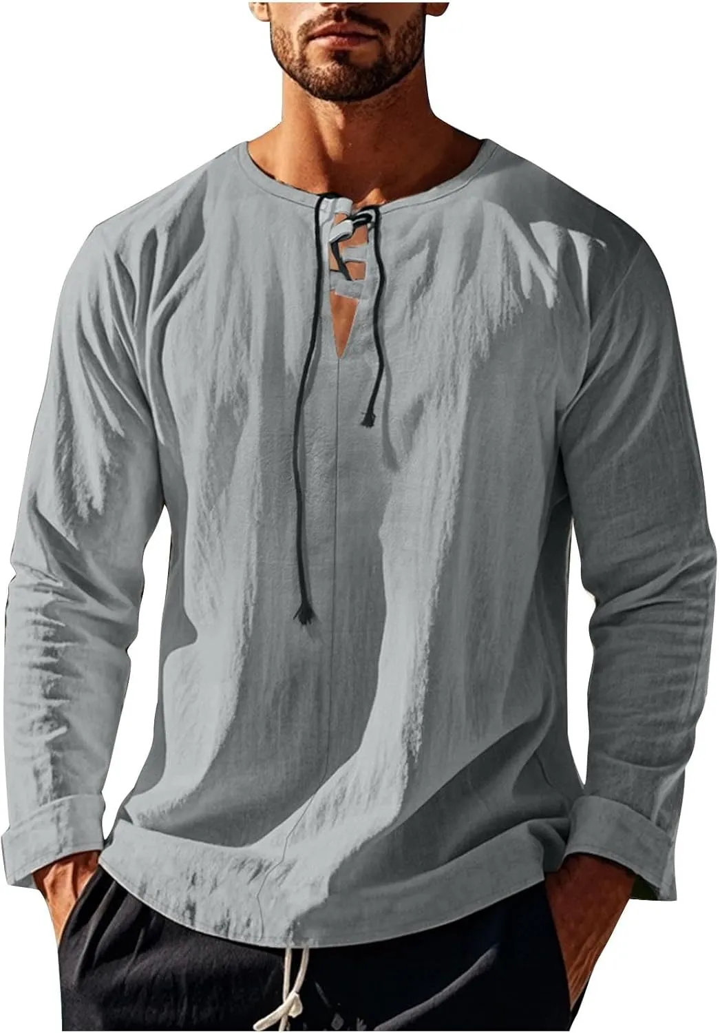 Men's Cotton Linen Shirt Long Sleeve Hippie Casual Beach T-Shirts Summer Lightweight Lace Up V Neck Pullover Tee Top
