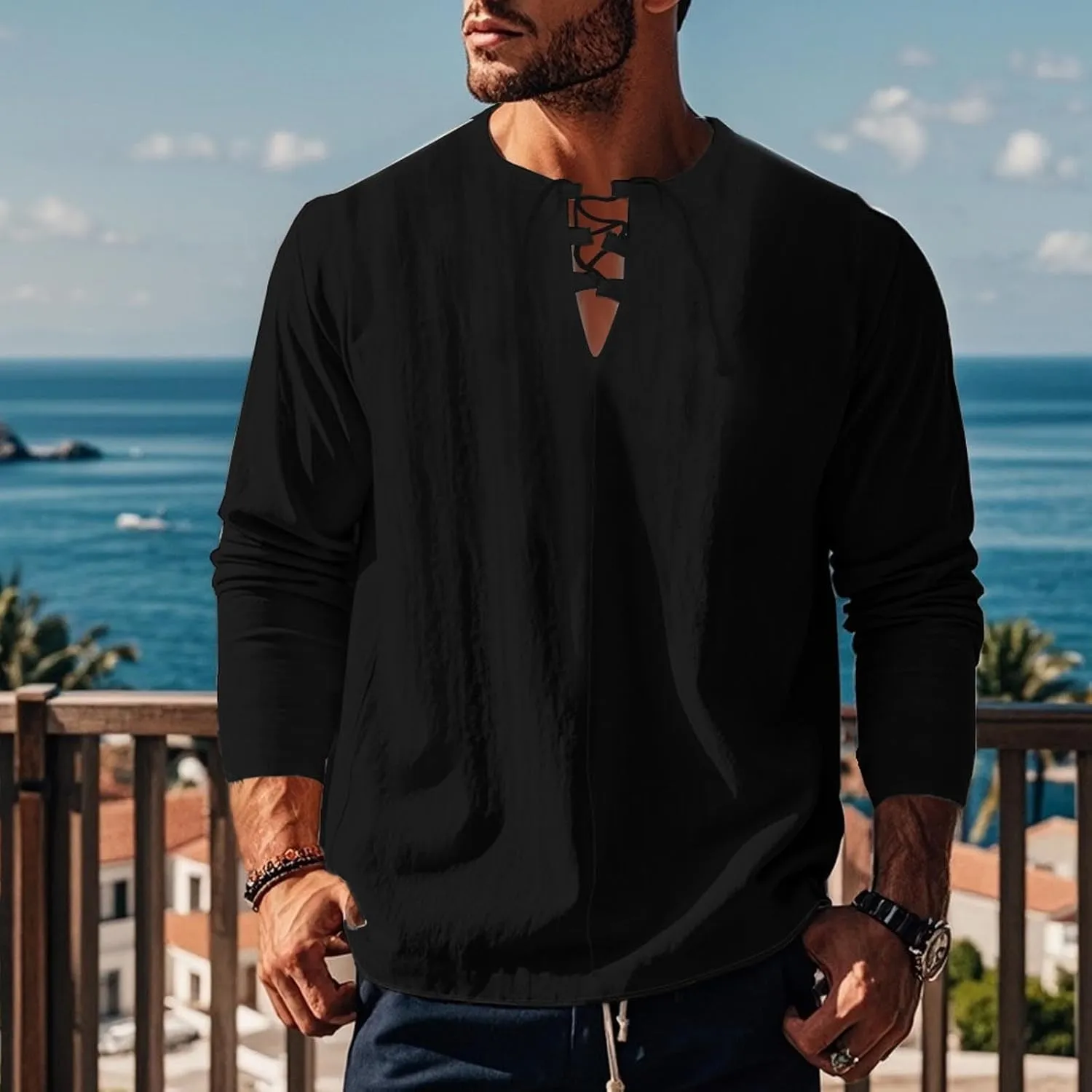 Men's Cotton Linen Shirt Long Sleeve Hippie Casual Beach T-Shirts Summer Lightweight Lace Up V Neck Pullover Tee Top
