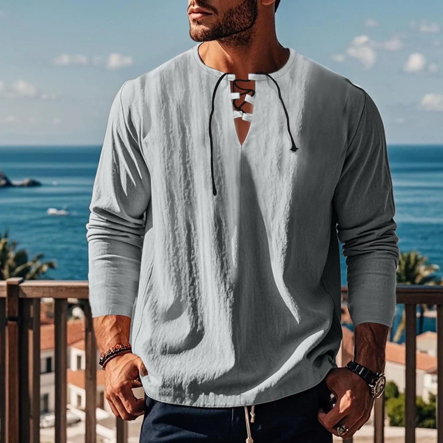 Men's Cotton Linen Shirt Long Sleeve Hippie Casual Beach T-Shirts Summer Lightweight Lace Up V Neck Pullover Tee Top