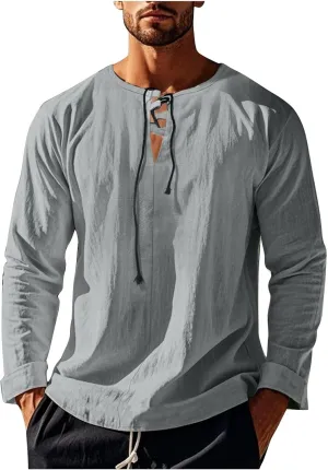 Men's Cotton Linen Shirt Long Sleeve Hippie Casual Beach T-Shirts Summer Lightweight Lace Up V Neck Pullover Tee Top
