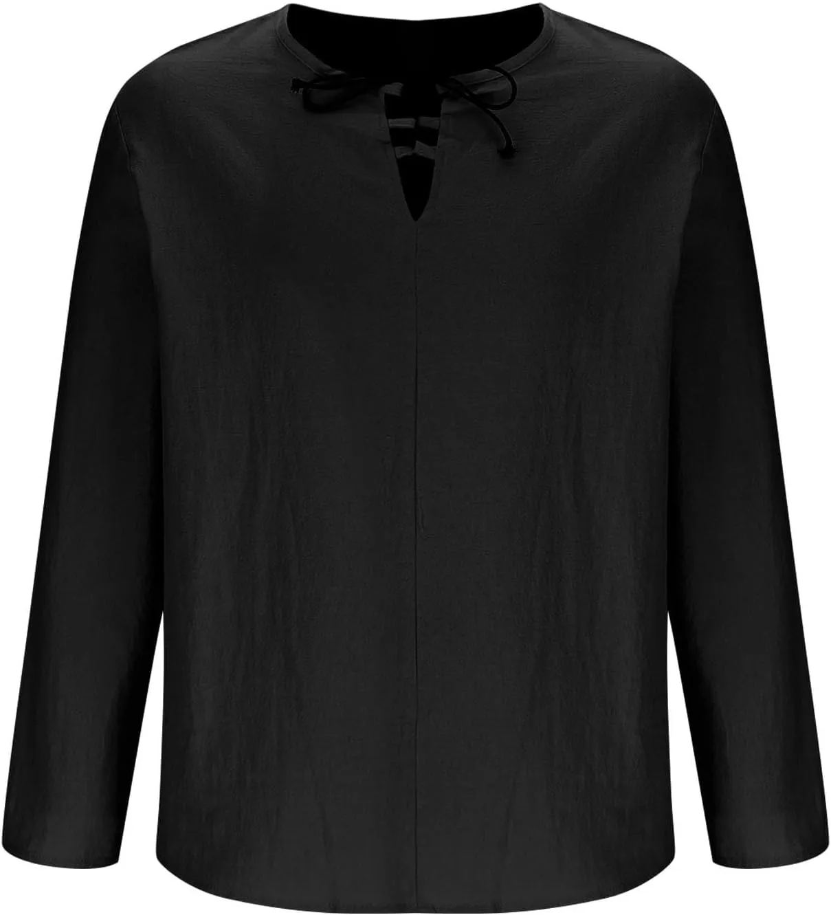 Men's Cotton Linen Shirt Long Sleeve Hippie Casual Beach T-Shirts Summer Lightweight Lace Up V Neck Pullover Tee Top