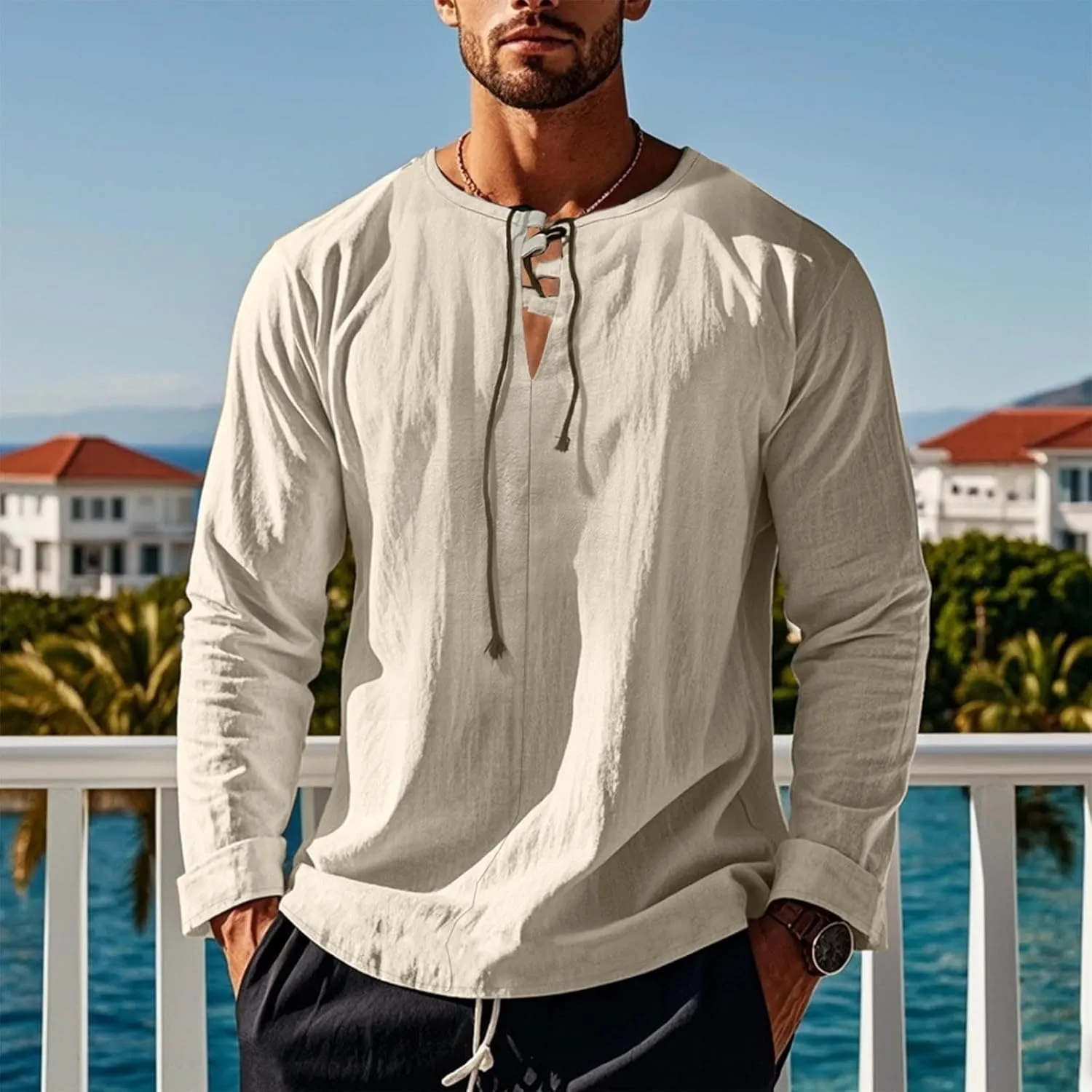 Men's Cotton Linen Shirt Long Sleeve Hippie Casual Beach T-Shirts Summer Lightweight Lace Up V Neck Pullover Tee Top