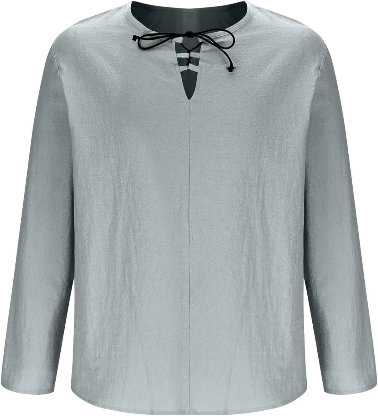 Men's Cotton Linen Shirt Long Sleeve Hippie Casual Beach T-Shirts Summer Lightweight Lace Up V Neck Pullover Tee Top