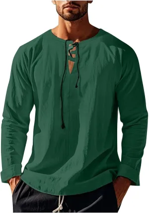 Men's Cotton Linen Shirt Long Sleeve Hippie Casual Beach T-Shirts Summer Lightweight Lace Up V Neck Pullover Tee Top