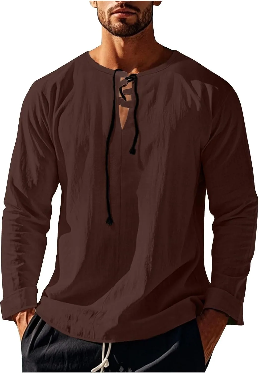 Men's Cotton Linen Shirt Long Sleeve Hippie Casual Beach T-Shirts Summer Lightweight Lace Up V Neck Pullover Tee Top