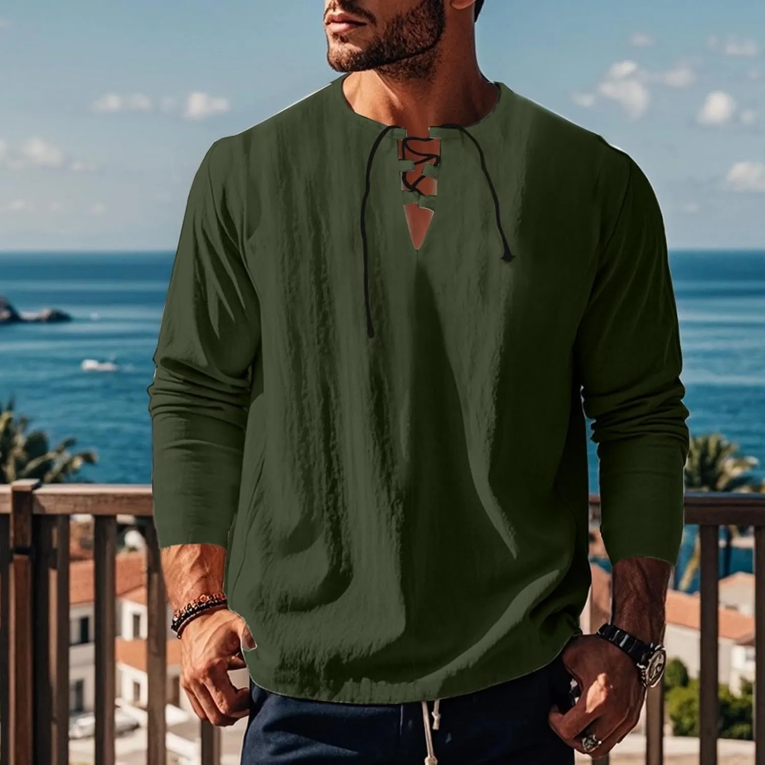 Men's Cotton Linen Shirt Long Sleeve Hippie Casual Beach T-Shirts Summer Lightweight Lace Up V Neck Pullover Tee Top