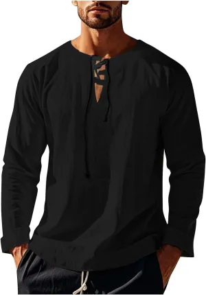 Men's Cotton Linen Shirt Long Sleeve Hippie Casual Beach T-Shirts Summer Lightweight Lace Up V Neck Pullover Tee Top