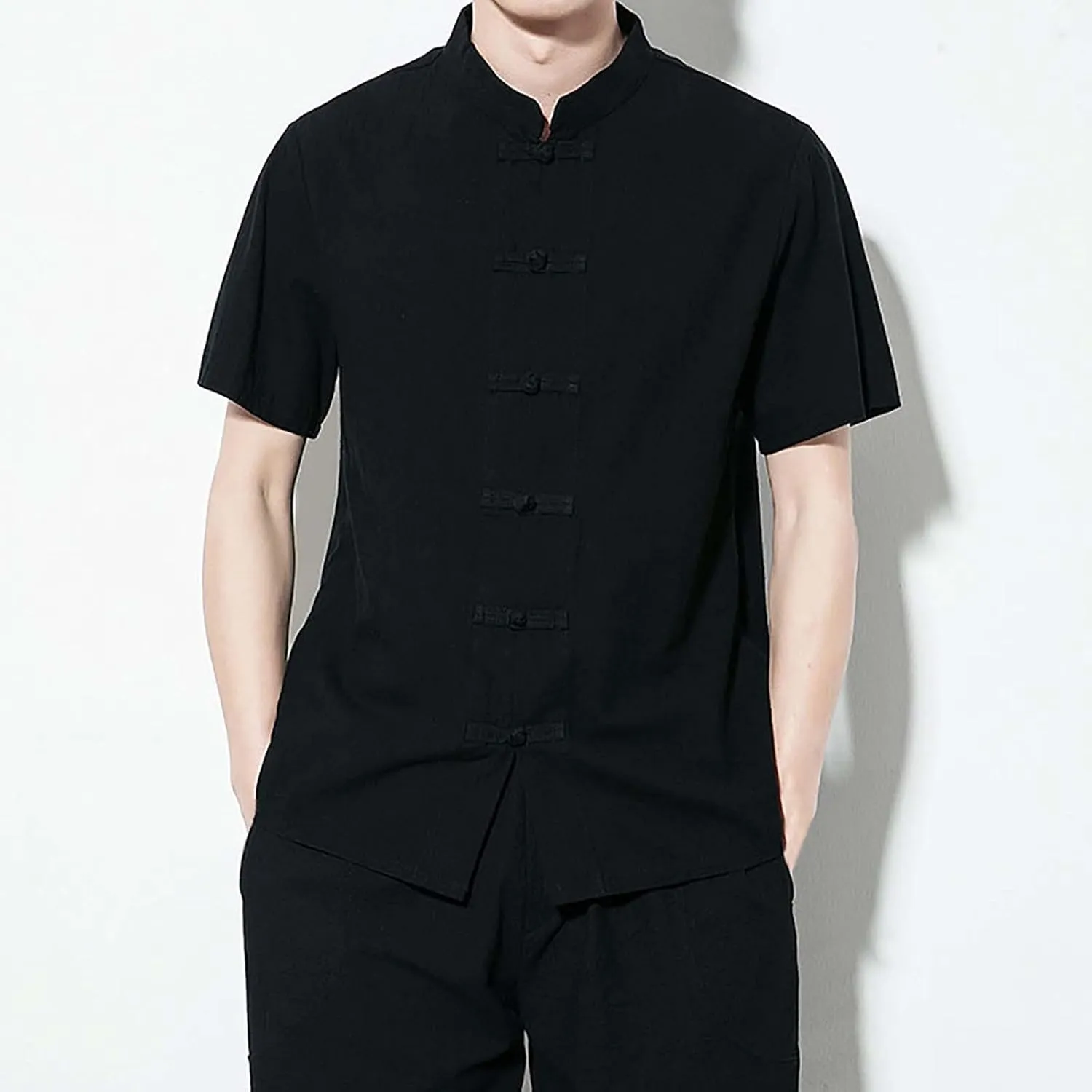 Mens Cotton Linen Short Sleeve Kung Fu Tai Chi Shirts Stand Up Collar Frog-Button Martial Arts Shirts Enthic Style Shirts