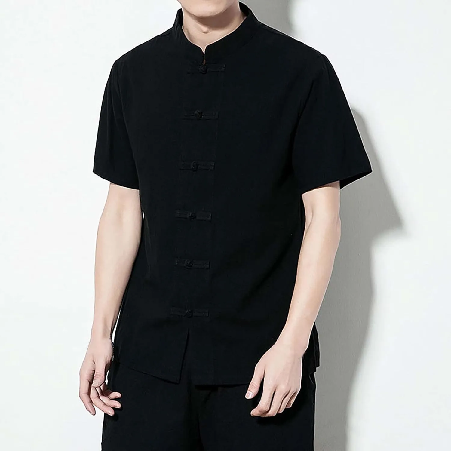 Mens Cotton Linen Short Sleeve Kung Fu Tai Chi Shirts Stand Up Collar Frog-Button Martial Arts Shirts Enthic Style Shirts