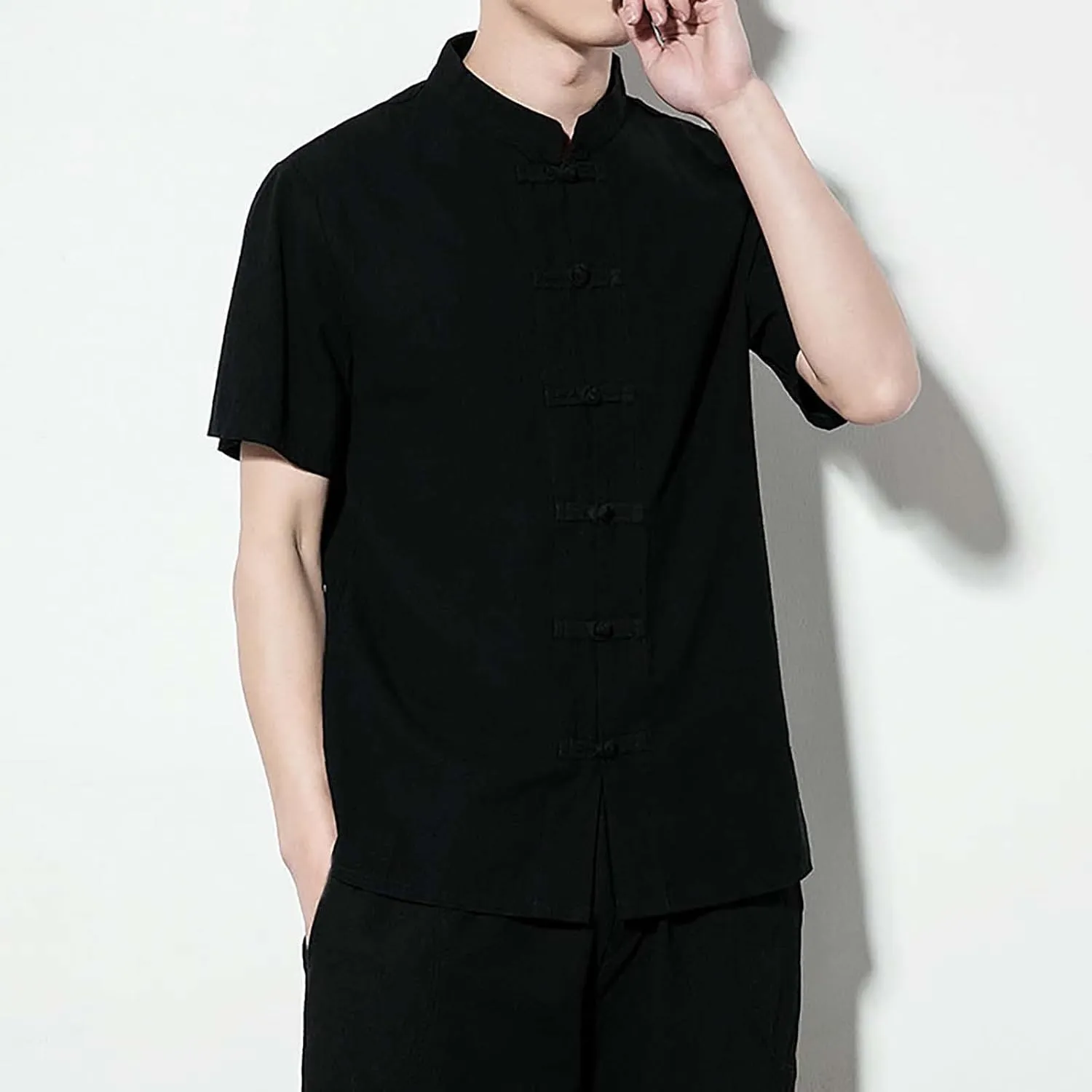Mens Cotton Linen Short Sleeve Kung Fu Tai Chi Shirts Stand Up Collar Frog-Button Martial Arts Shirts Enthic Style Shirts