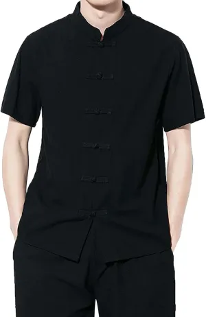 Mens Cotton Linen Short Sleeve Kung Fu Tai Chi Shirts Stand Up Collar Frog-Button Martial Arts Shirts Enthic Style Shirts