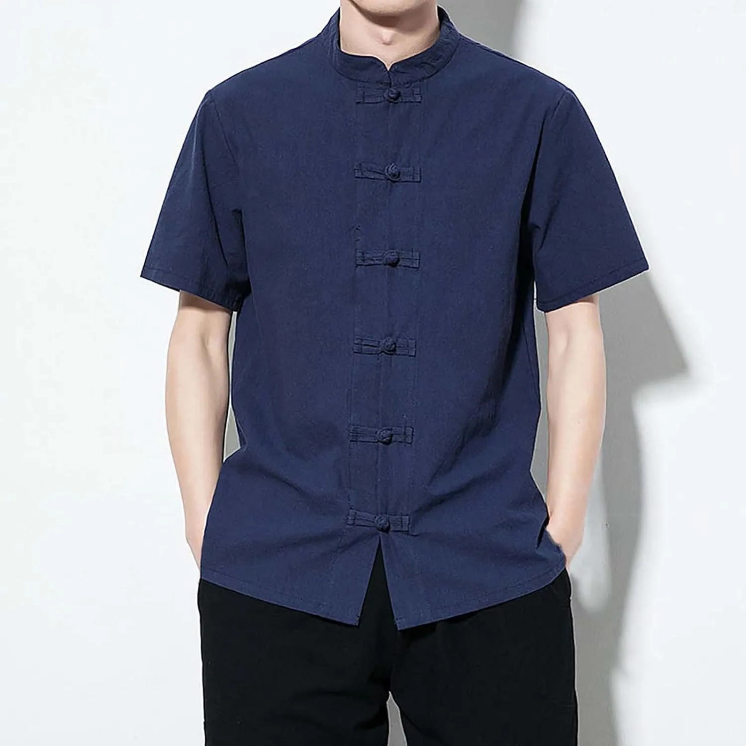 Mens Cotton Linen Short Sleeve Kung Fu Tai Chi Shirts Stand Up Collar Frog-Button Martial Arts Shirts Enthic Style Shirts