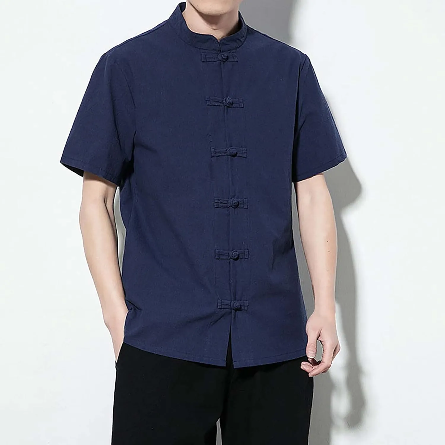 Mens Cotton Linen Short Sleeve Kung Fu Tai Chi Shirts Stand Up Collar Frog-Button Martial Arts Shirts Enthic Style Shirts