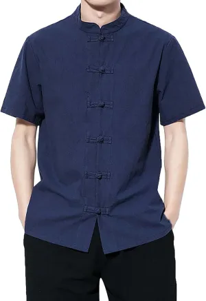 Mens Cotton Linen Short Sleeve Kung Fu Tai Chi Shirts Stand Up Collar Frog-Button Martial Arts Shirts Enthic Style Shirts
