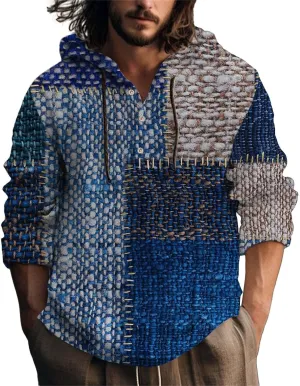 Men's Cotton Linen Sweatshirts with Hood Casual Half Button V Neck Long Sleeve Hooded Shirt Tops Hippie Pullover