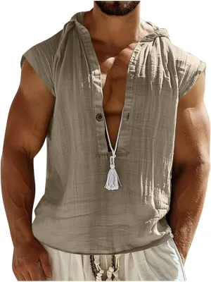Men's Cotton Linen Tank Tops Hooded Drawstring Sleeveless Shirts Casual Button Down T-Shirts Summer Boho Beach Tanks