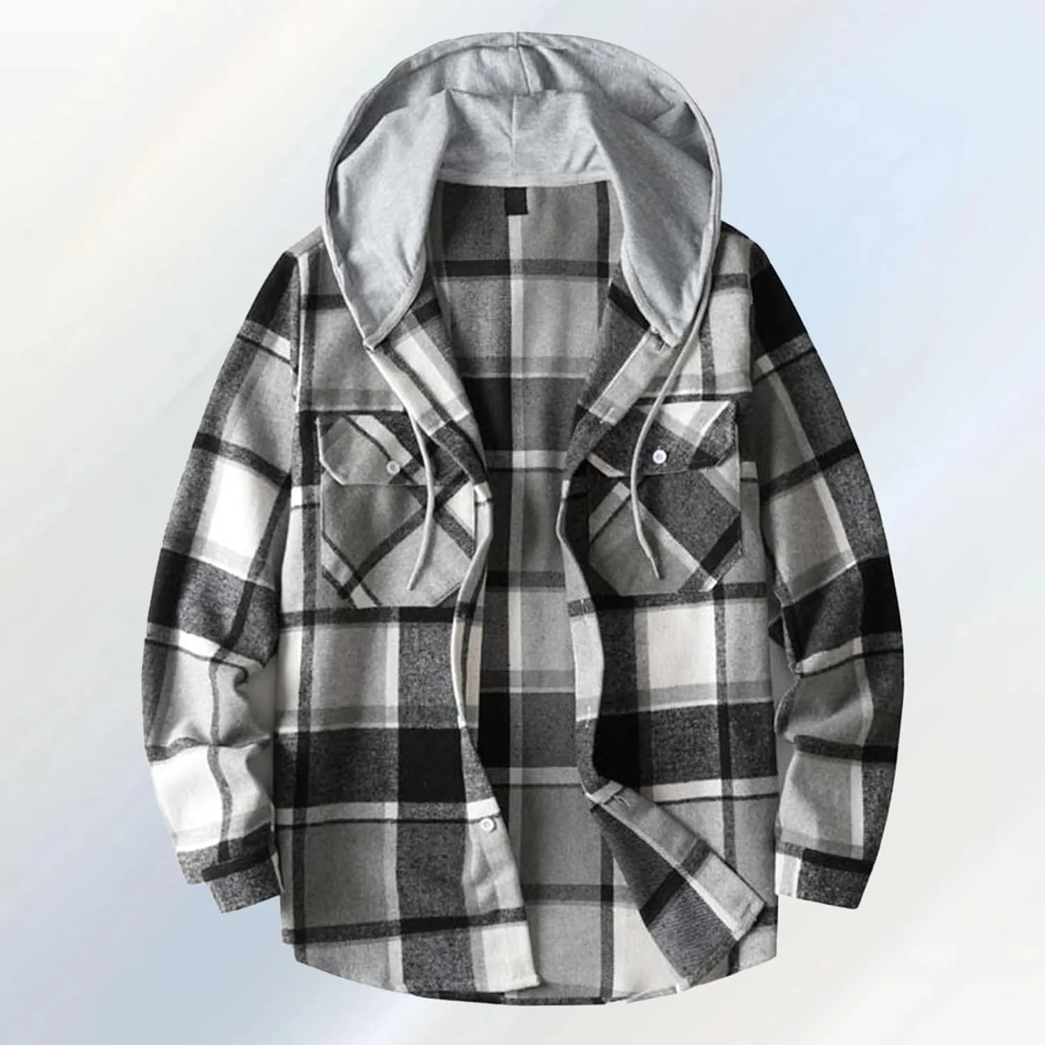 Mens Cotton Plaid Shirt Jacket Casual Flannel Button Down Hooded Shirt Soft Warm Outdoor Cotton Coat Top with Pocket