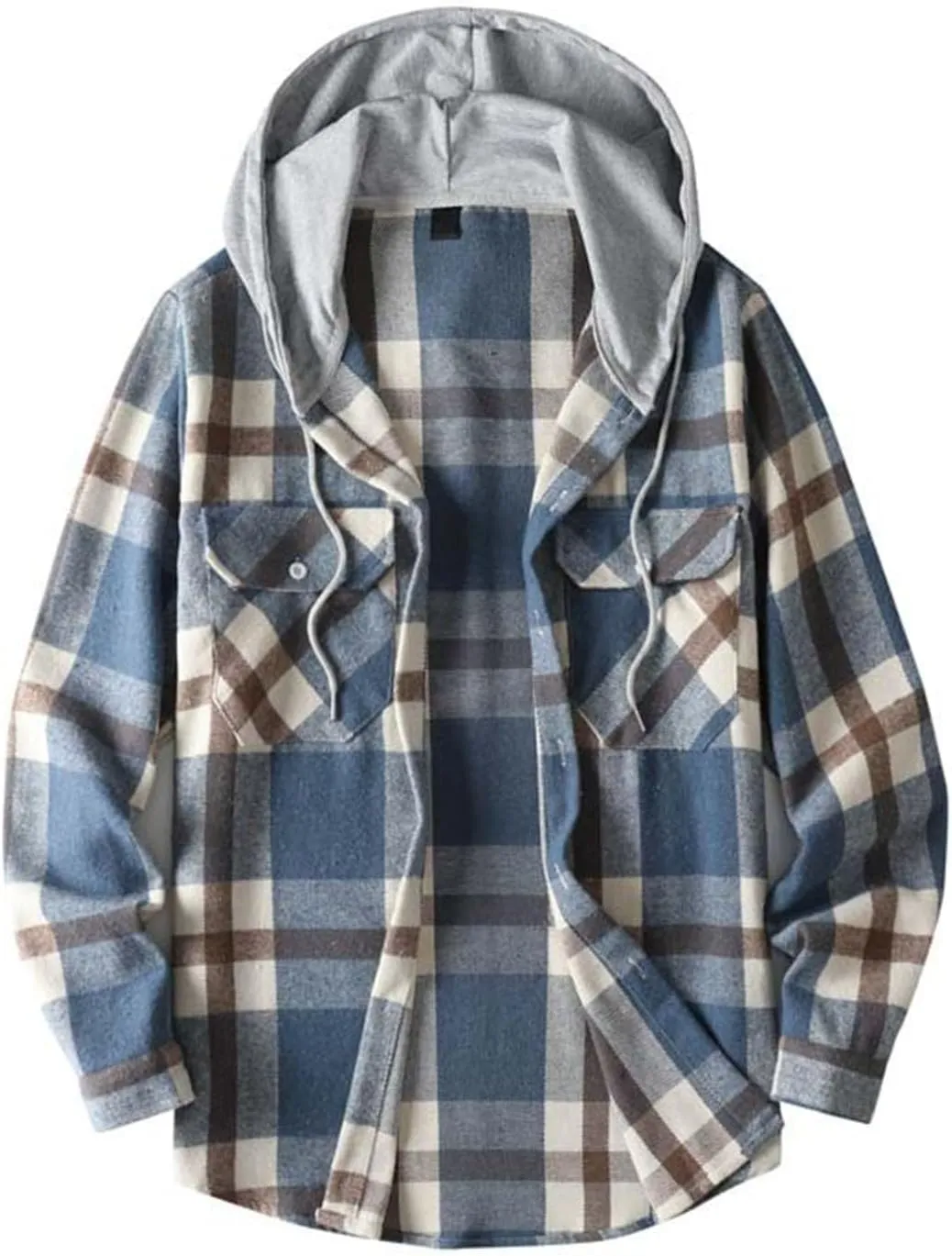 Mens Cotton Plaid Shirt Jacket Casual Flannel Button Down Hooded Shirt Soft Warm Outdoor Cotton Coat Top with Pocket