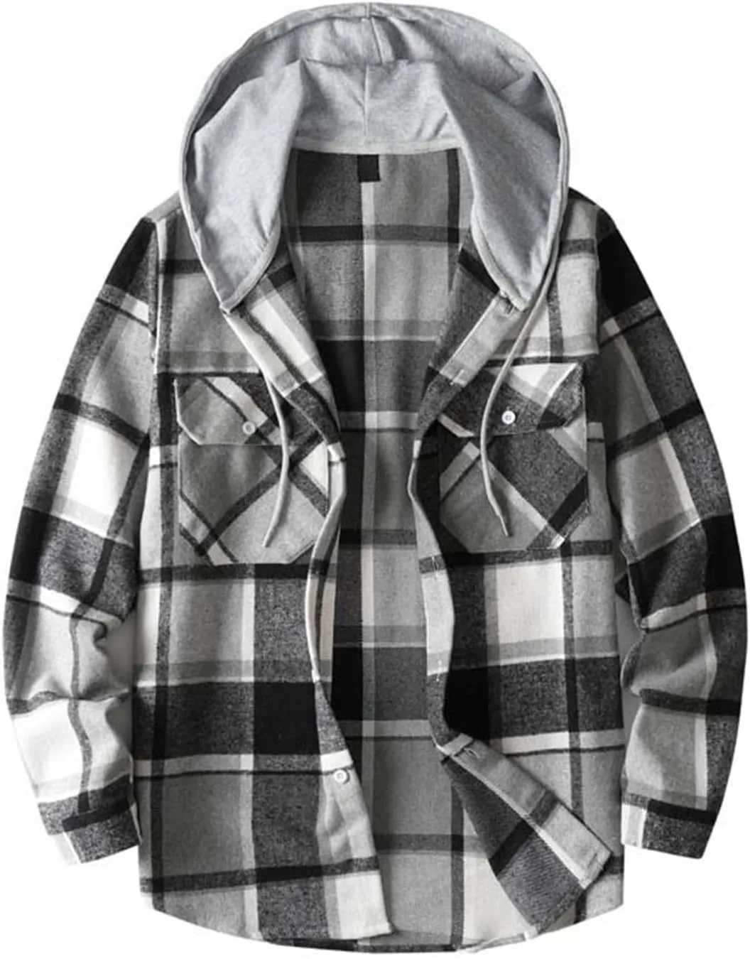 Mens Cotton Plaid Shirt Jacket Casual Flannel Button Down Hooded Shirt Soft Warm Outdoor Cotton Coat Top with Pocket