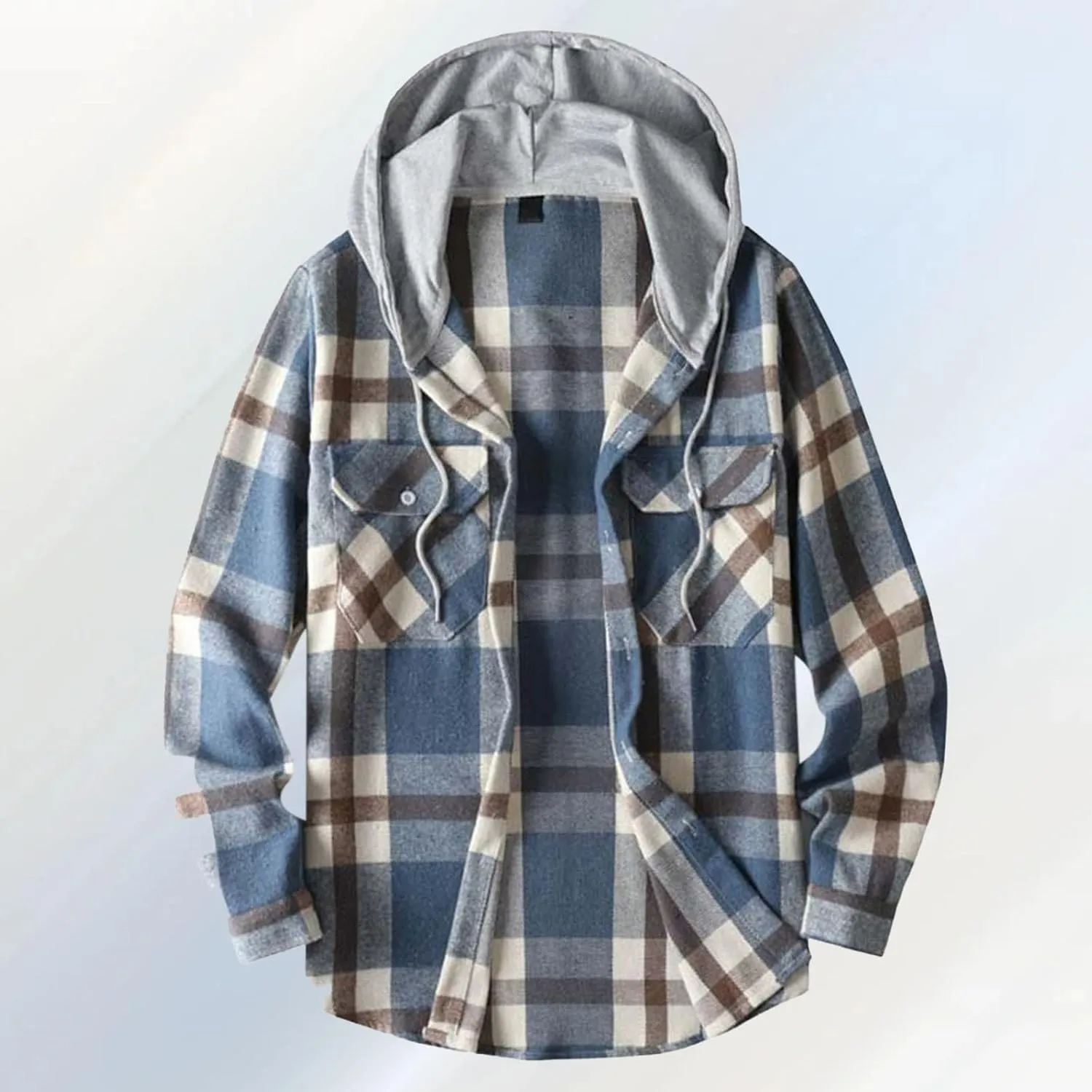 Mens Cotton Plaid Shirt Jacket Casual Flannel Button Down Hooded Shirt Soft Warm Outdoor Cotton Coat Top with Pocket