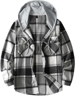 Mens Cotton Plaid Shirt Jacket Casual Flannel Button Down Hooded Shirt Soft Warm Outdoor Cotton Coat Top with Pocket