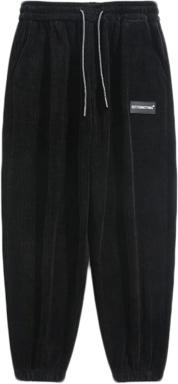 Mens Cozy Corduroy Joggers Pants Casual Cargo Pants Drawstring Elastic Waist Baggy Tapered Sweatpants with Pockets