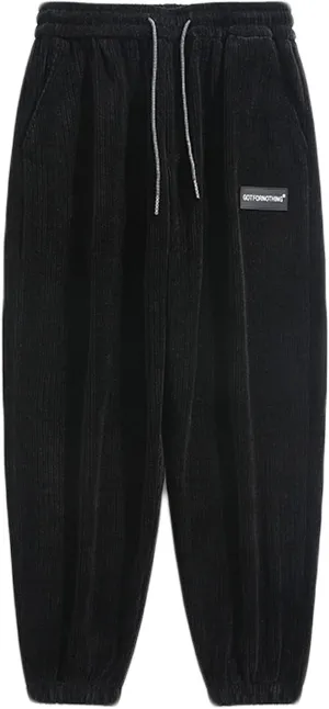 Mens Cozy Corduroy Joggers Pants Casual Cargo Pants Drawstring Elastic Waist Baggy Tapered Sweatpants with Pockets