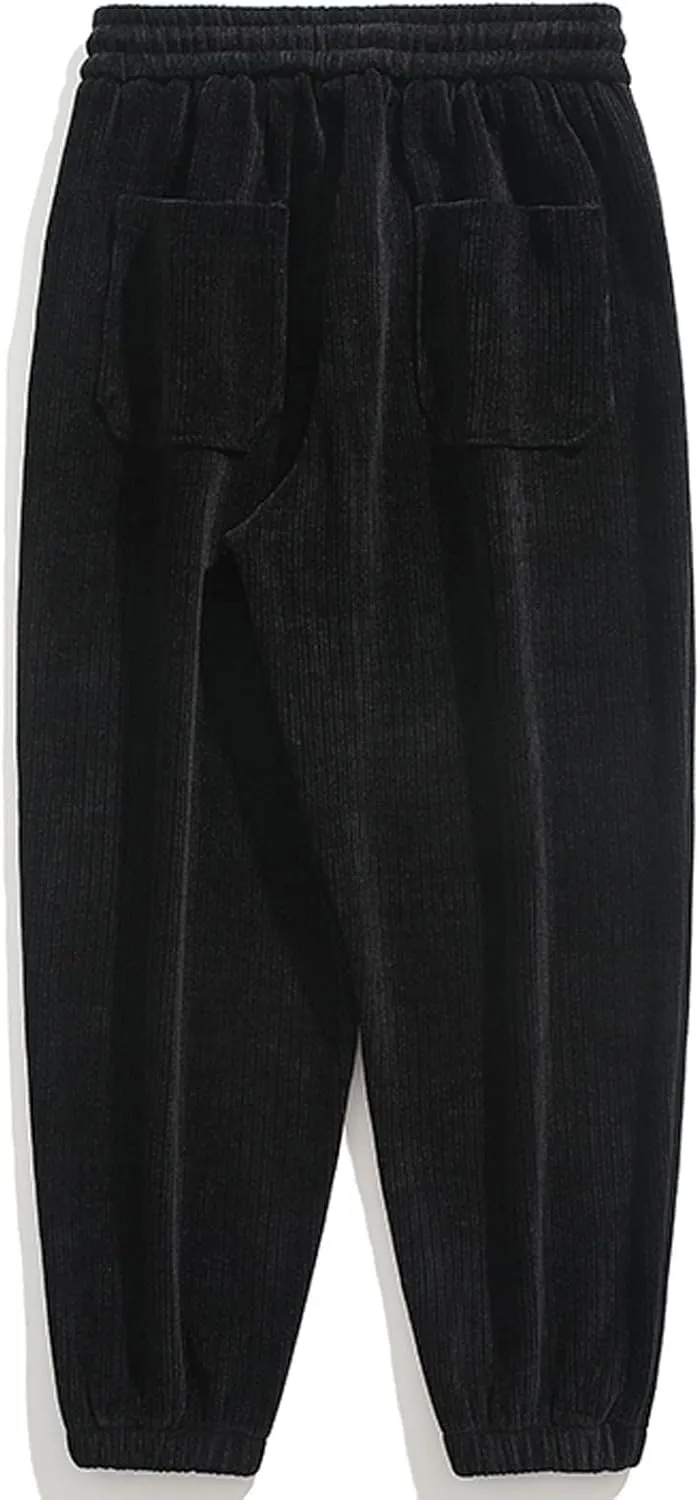 Mens Cozy Corduroy Joggers Pants Casual Cargo Pants Drawstring Elastic Waist Baggy Tapered Sweatpants with Pockets