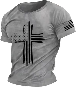 Men's Cross Print Short Sleeve T Shirt Crew Neck Vintage Jesus Printed Shirts Faith Christian Summer Casual Tops