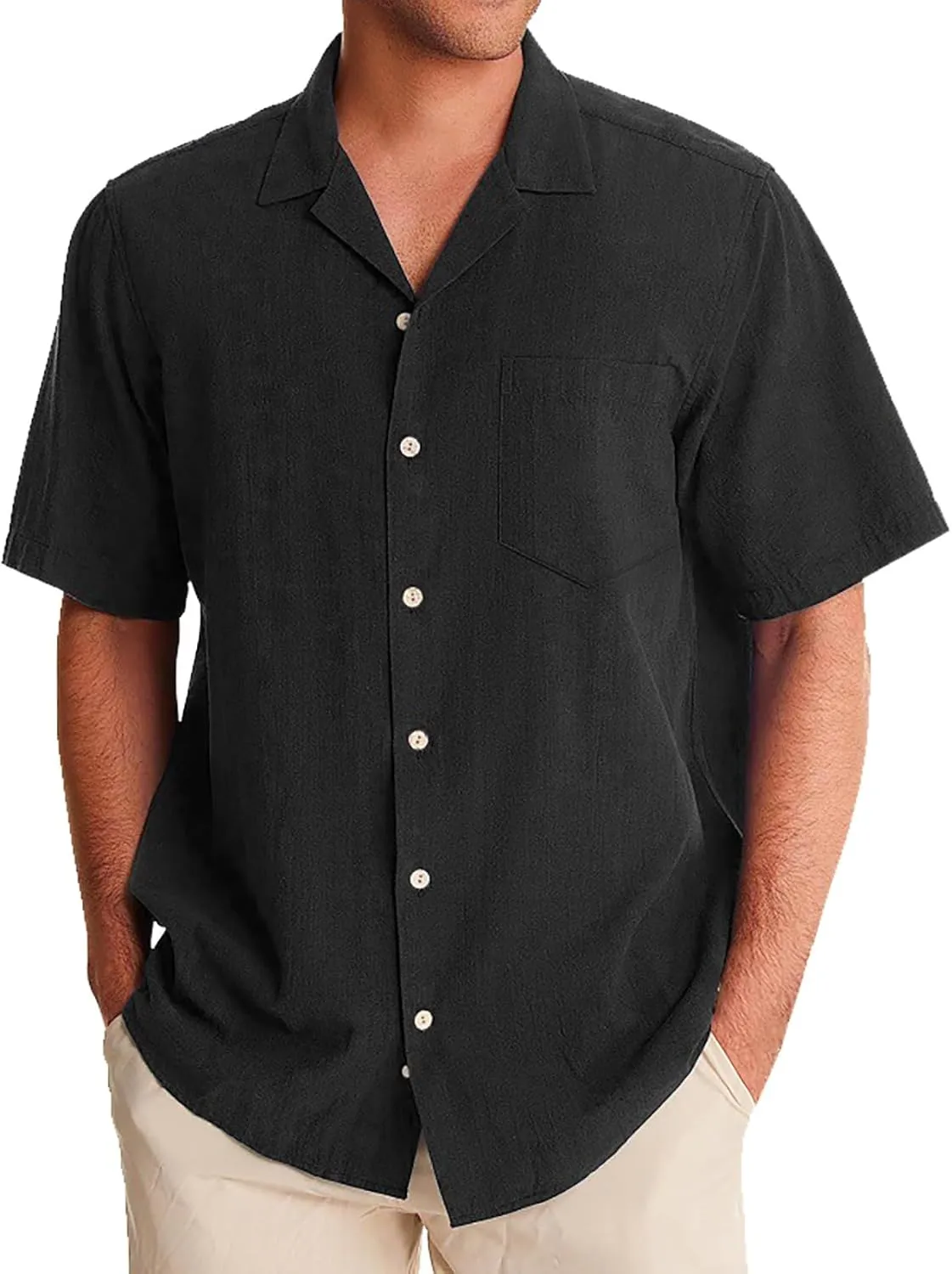 Men's Cuban Collar Shirt Solid Color Loose Fit Trendy Button Down Short Sleeve Top Summer Beach Vacation Party Breathable Tee