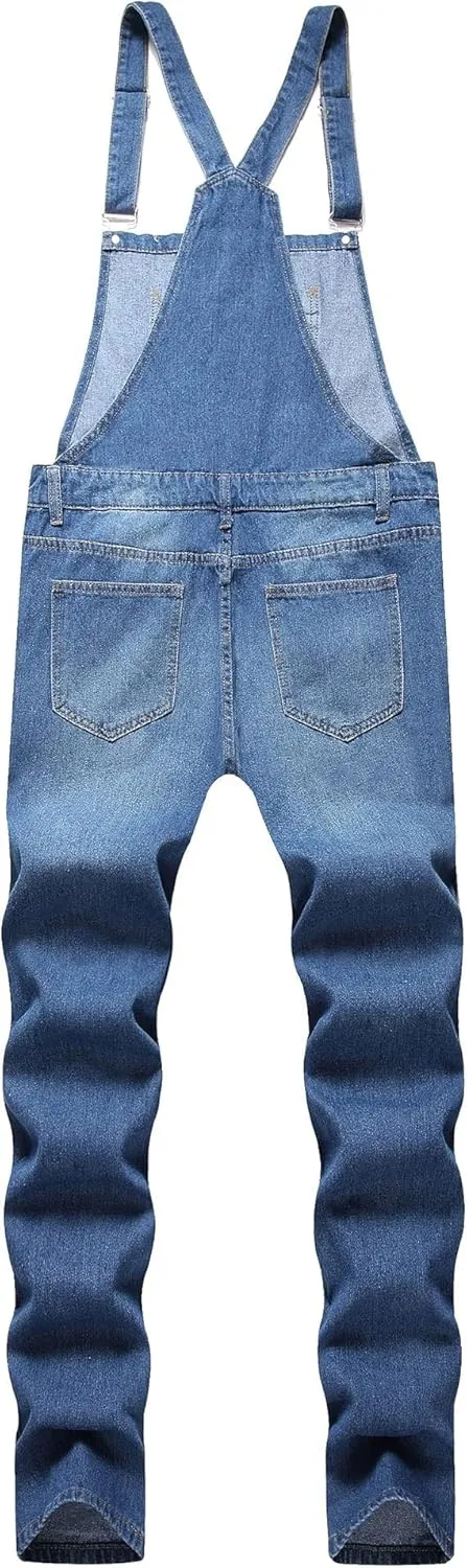 Men's Denim Overalls Jeans, Suspenders Pants with Adjustable Strap, Denim Jumpsuits Straight Leg