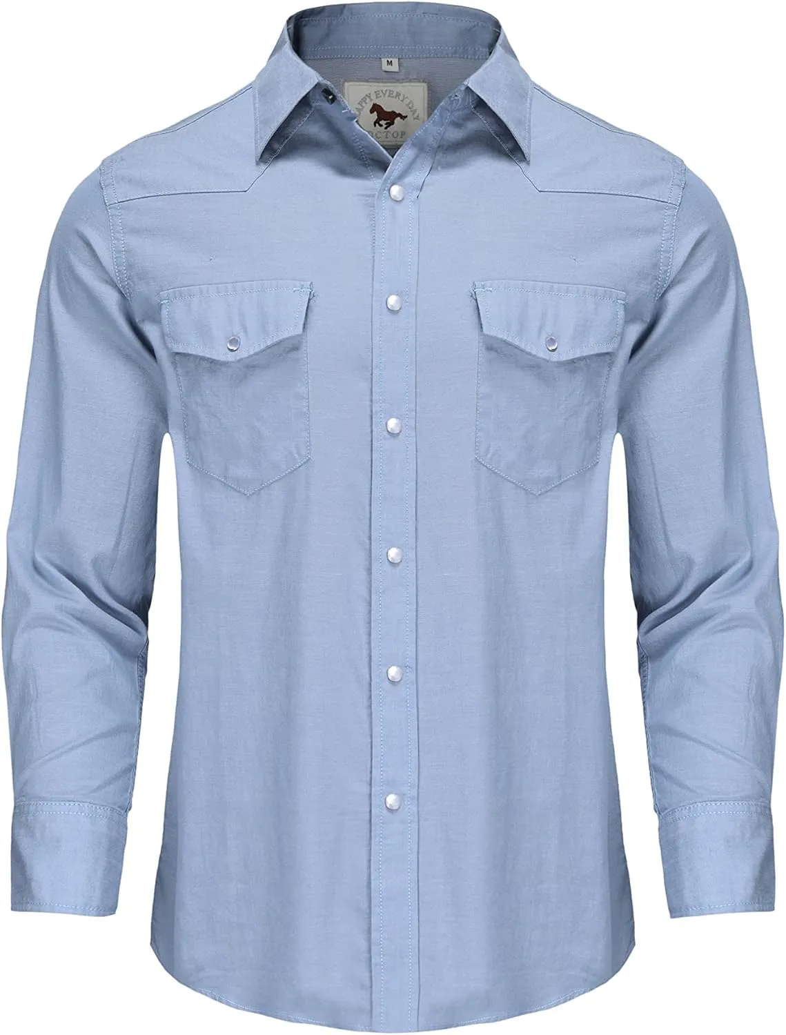 Men's Denim Western Cowboy Pearl Snap Long Sleeve Casual Button Down Up Soild Work Shirts