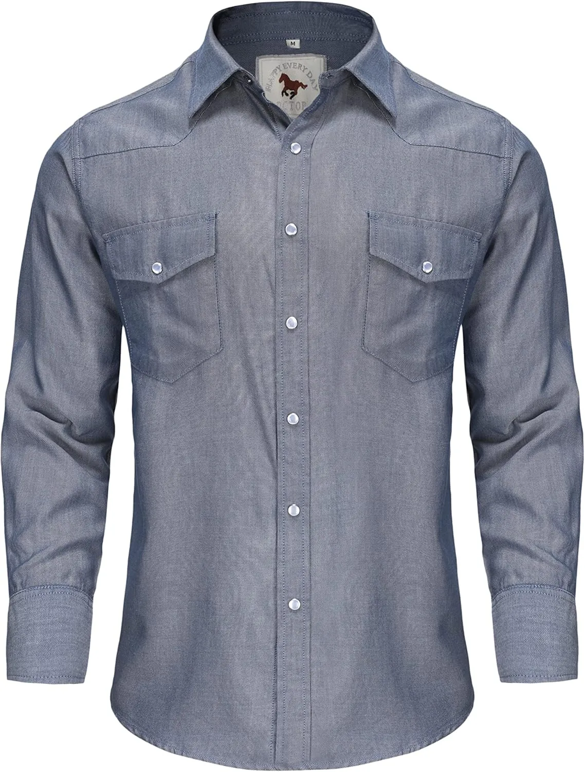 Men's Denim Western Cowboy Pearl Snap Long Sleeve Casual Button Down Up Soild Work Shirts
