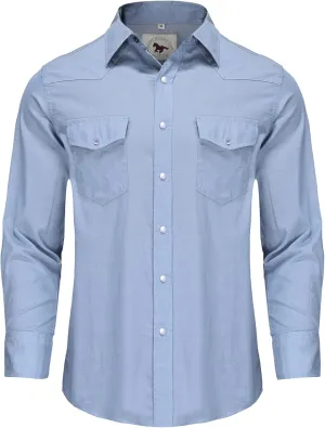 Men's Denim Western Cowboy Pearl Snap Long Sleeve Casual Button Down Up Soild Work Shirts