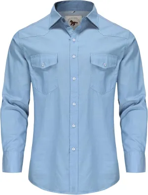Men's Denim Western Cowboy Pearl Snap Long Sleeve Casual Button Down Up Soild Work Shirts