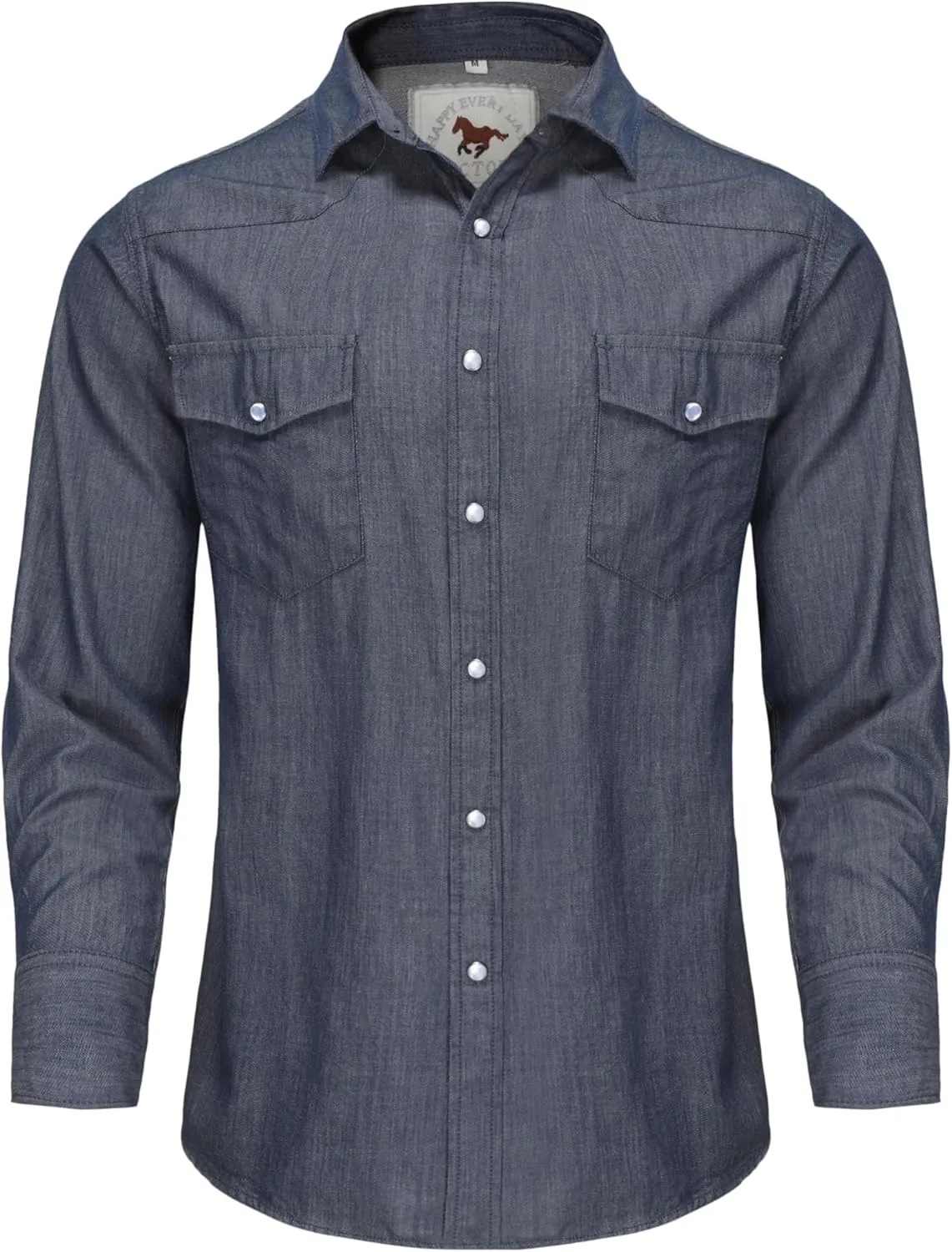 Men's Denim Western Cowboy Pearl Snap Long Sleeve Casual Button Down Up Soild Work Shirts