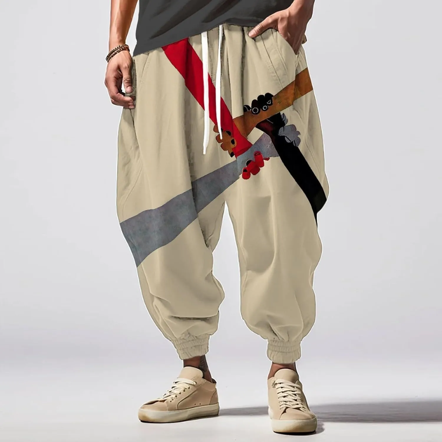 Mens Drawstring Hippie Aladdil Harem Pants Men Elastic Waist with Pockets Fashion Solid Color Oversized Tapered