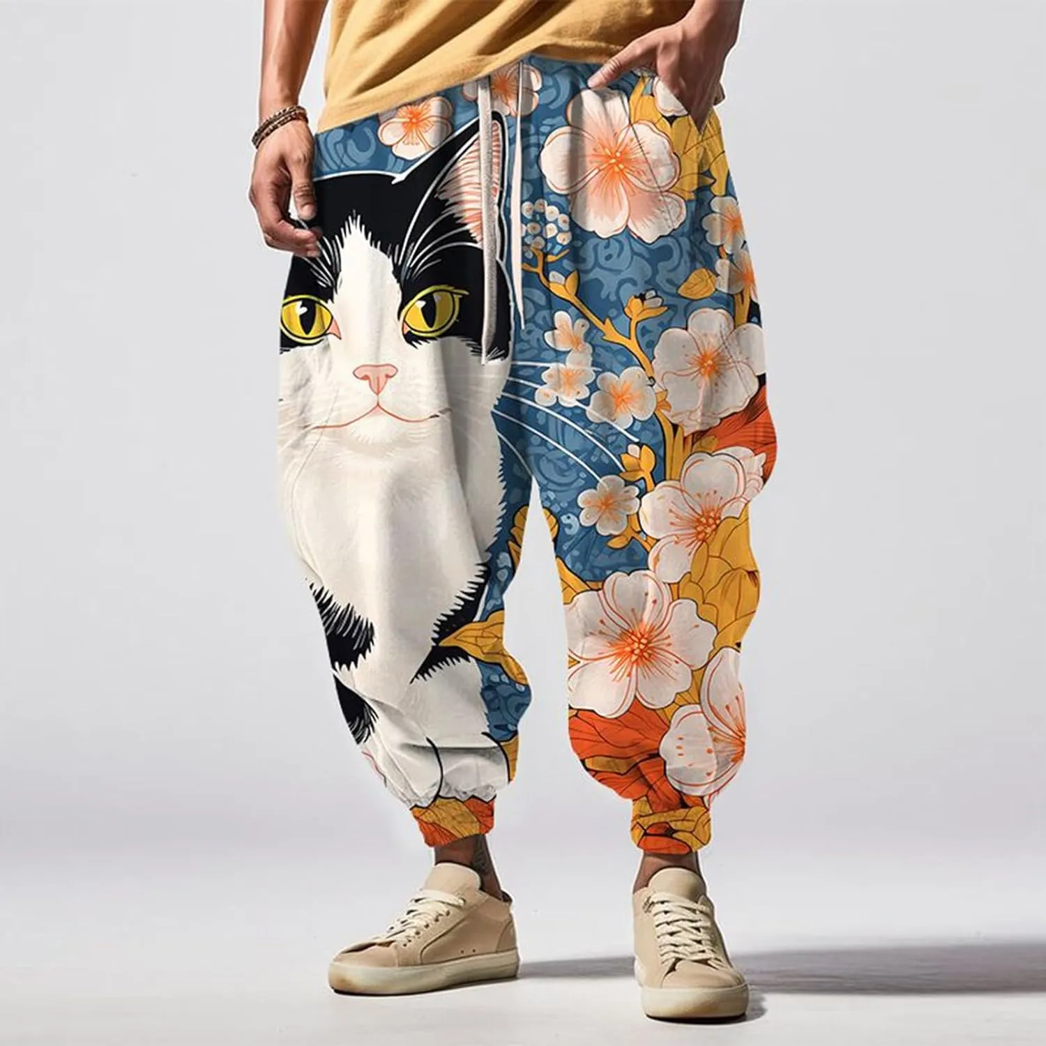 Mens Drawstring Hippie Aladdil Harem Pants Men Elastic Waist with Pockets Fashion Solid Color Oversized Tapered