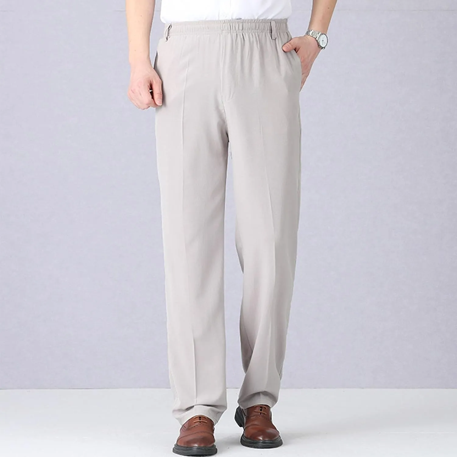 Mens Dress Pants Straight Leg Suit Pants Classic Flat Front Work Pants Casual Business Non-lron Pants Elastic Waist